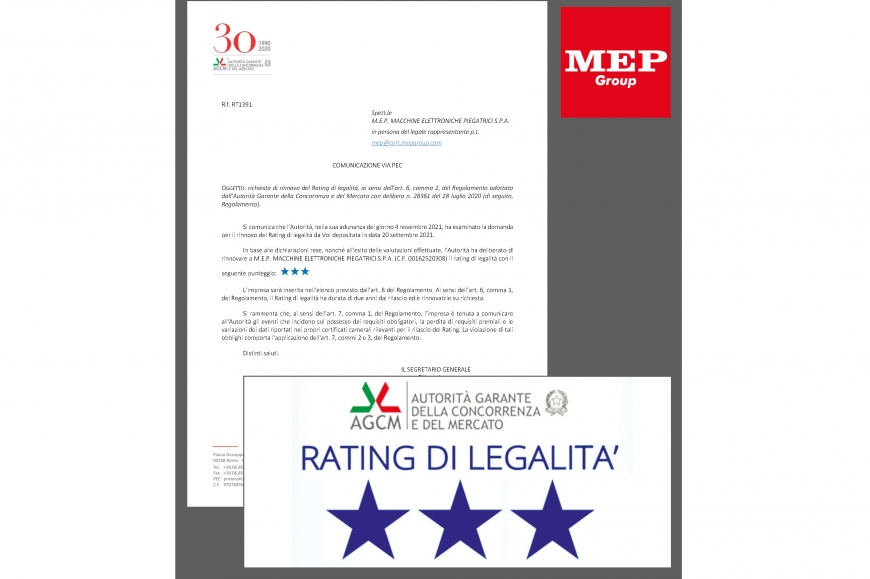 MEP vede riconfermato il proprio rating di Legalità al massimo livello: 3 stelle! 1