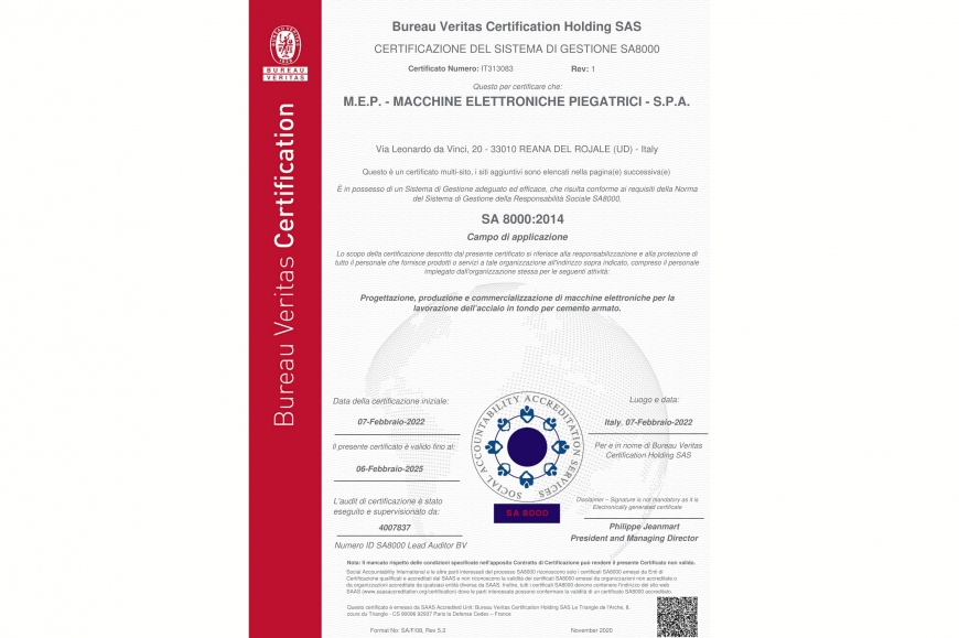 MEP achieves new Bureau Veritas certification: SA8000:2014 (Corporate Social Responsibility) 1